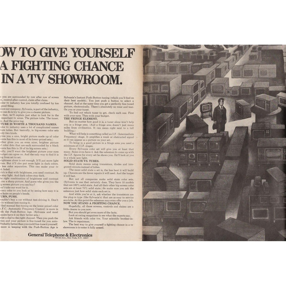GTE Sylvania Color TV Showroom Illustration Vintage Centerfold Print Ad 1970